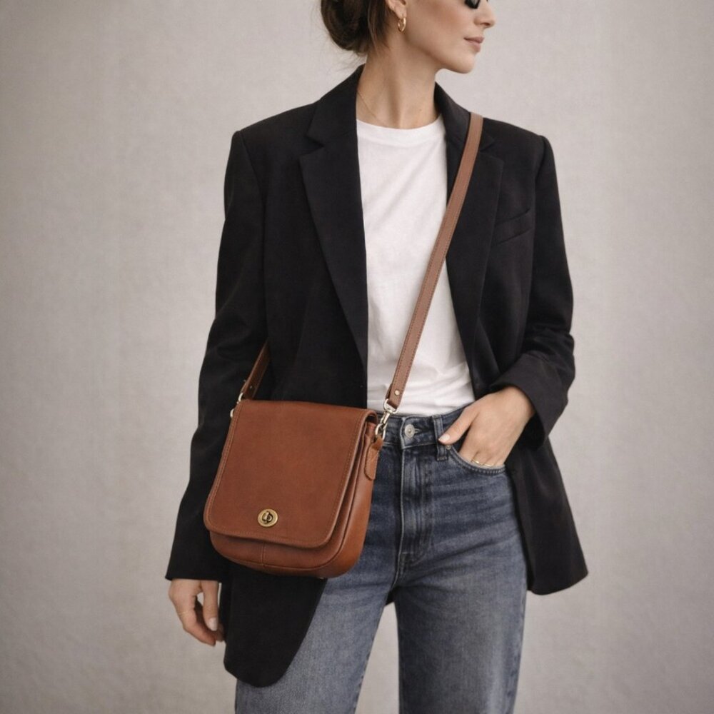 Vintage Style Leather Crossbody Bag | Minimal Saddle Purse | Brown Turn Lock
